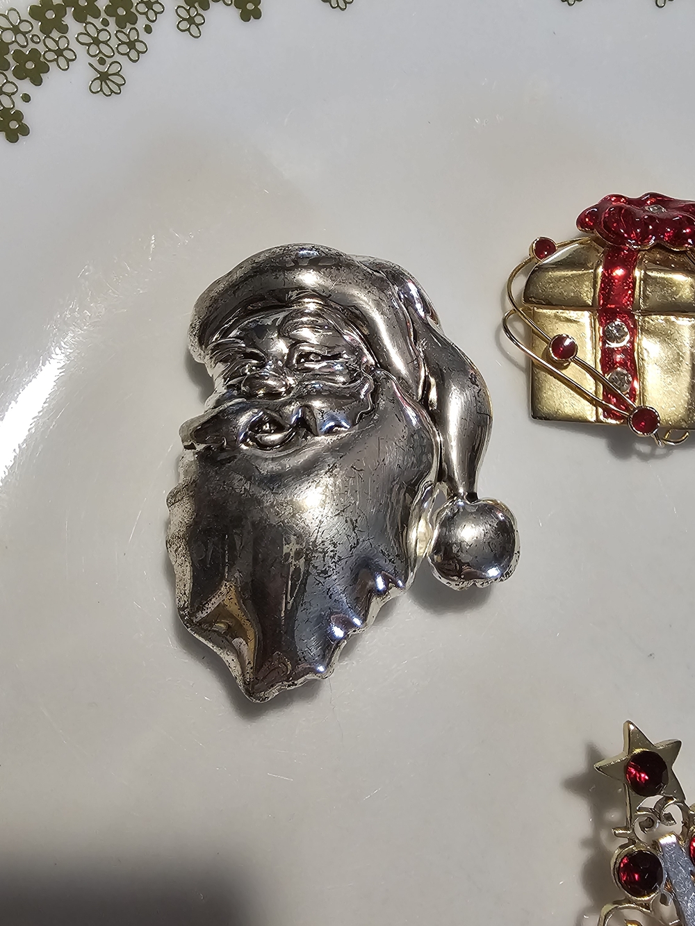 Festive Santa, Gift & Tree Brooch Trio - Silver & Gold with Red Accents - Picture 9 of 16